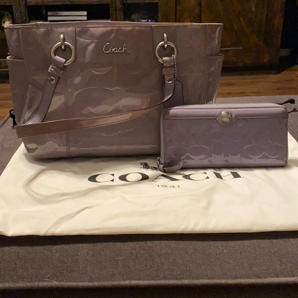Lilac Coach Patent Leather Purse + Matching Wallet